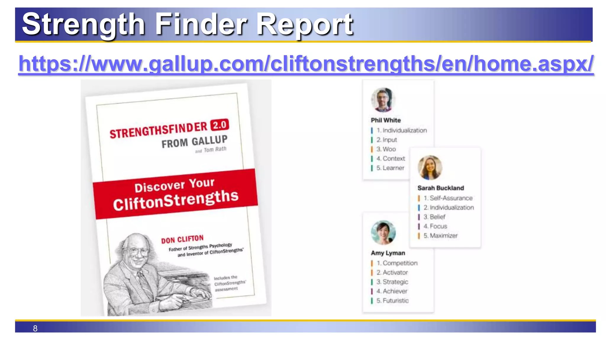 8
Strength Finder Report
https://www.gallup.com/cliftonstrengths/en/home.aspx/
 