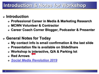 2
Introduction & Notes for Workshop
Introduction
Professional Career in Media & Marketing Research
MCWN Volunteer & Contractor
Career Coach Corner Blogger, Podcaster & Presenter
General Notes for Today
My contact info is email confirmation & the last slide
Presentation file is available on SlideShare
Workshop is interactive, Q/A & Parking lot
Red Arrows
Social Media Revolution 2019
 