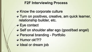 F2F Interviewing Process
Know the corporate culture
Turn on positives, creative, am quick learner,
relationship builder, etc.
Eye contact
Self on shoulder alter ego (good/bad angel)
Personal branding - Portfolio
Humor ok!?!?
Ideal or dream job
20
 