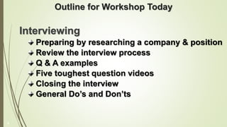 Outline for Workshop Today
Interviewing
Preparing by researching a company & position
Review the interview process
Q & A examples
Five toughest question videos
Closing the interview
General Do’s and Don’ts
3
 