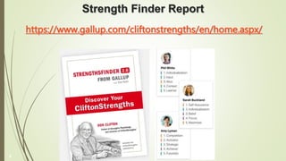 Strength Finder Report
https://www.gallup.com/cliftonstrengths/en/home.aspx/
8
 