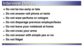 39
Interview Don’ts
Do not be too early or late
Do not answer cell phone or texts
Do not wear perfume or cologne
Do not di...