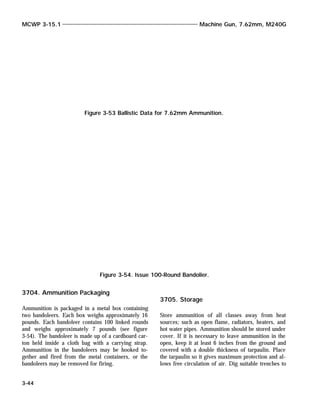 3704. Ammunition Packaging
Ammunition is packaged in a metal box containing
two bandoleers. Each box weighs approximately 16
pounds. Each bandoleer contains 100 linked rounds
and weighs approximately 7 pounds (see figure
3-54). The bandoleer is made up of a cardboard car-
ton held inside a cloth bag with a carrying strap.
Ammunition in the bandoleers may be hooked to-
gether and fired from the metal containers, or the
bandoleers may be removed for firing.
3705. Storage
Store ammunition of all classes away from heat
sources; such as open flame, radiators, heaters, and
hot water pipes. Ammunition should be stored under
cover. If it is necessary to leave ammunition in the
open, keep it at least 6 inches from the ground and
covered with a double thickness of tarpaulin. Place
the tarpaulin so it gives maximum protection and al-
lows free circulation of air. Dig suitable trenches to
MCWP 3-15.1 Machine Gun, 7.62mm, M240G
3-44
Figure 3-53 Ballistic Data for 7.62mm Ammunition.
Figure 3-54. Issue 100-Round Bandolier.
 