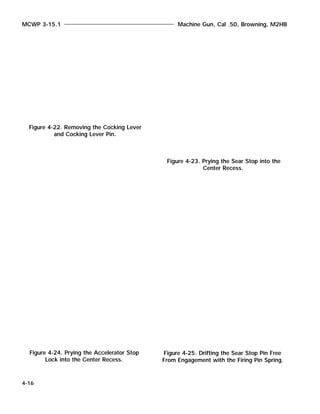 MCWP 3-15.1 Machine Gun, Cal .50, Browning, M2HB
4-16
Figure 4-22. Removing the Cocking Lever
and Cocking Lever Pin.
Figure 4-24. Prying the Accelerator Stop
Lock into the Center Recess.
Figure 4-23. Prying the Sear Stop into the
Center Recess.
Figure 4-25. Drifting the Sear Stop Pin Free
From Engagement with the Firing Pin Spring.
 