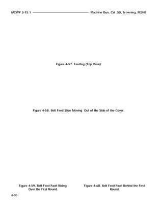 MCWP 3-15.1 Machine Gun, Cal .50, Browning, M2HB
4-30
Figure 4-57. Feeding (Top View).
Figure 4-58. Belt Feed Slide Moving Out of the Side of the Cover.
Figure 4-59. Belt Feed Pawl Riding
Over the First Round.
Figure 4-60. Belt Feed Pawl Behind the First
Round.
 