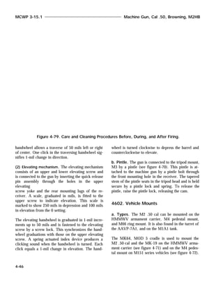 handwheel allows a traverse of 50 mils left or right
of center. One click in the traversing handwheel sig-
nifies 1-mil change in direction.
(2) Elevating mechanism. The elevating mechanism
consists of an upper and lower elevating screw and
is connected to the gun by inserting the quick release
pin assembly through the holes in the upper
elevating
screw yoke and the rear mounting lugs of the re-
ceiver. A scale, graduated in mils, is fitted to the
upper screw to indicate elevation. This scale is
marked to show 250 mils in depression and 100 mils
in elevation from the 0 setting.
The elevating handwheel is graduated in 1-mil incre-
ments up to 50 mils and is fastened to the elevating
screw by a screw lock. This synchronizes the hand-
wheel graduations with those on the upper elevating
screw. A spring actuated index device produces a
clicking sound when the handwheel is turned. Each
click equals a 1-mil change in elevation. The hand-
wheel is turned clockwise to depress the barrel and
counterclockwise to elevate.
b. Pintle. The gun is connected to the tripod mount,
M3 by a pintle (see figure 4-70). This pintle is at-
tached to the machine gun by a pintle bolt through
the front mounting hole in the receiver. The tapered
stem of the pintle seats in the tripod head and is held
secure by a pintle lock and spring. To release the
pintle, raise the pintle lock, releasing the cam.
4602. Vehicle Mounts
a. Types. The M2 .50 cal can be mounted on the
HMMWV armament carrier, M4 pedestal mount,
and M66 ring mount. It is also found in the turret of
the AAVP-7A1, and on the M1A1 tank.
The MK64, MOD 5 cradle is used to mount the
M2 .50 cal and the MK-19 on the HMMWV arma-
ment carrier (see figure 4-71) and on the M4 pedes-
tal mount on M151 series vehicles (see figure 4-72).
MCWP 3-15.1 Machine Gun, Cal .50, Browning, M2HB
4-46
Figure 4-79. Care and Cleaning Procedures Before, During, and After Firing.
 