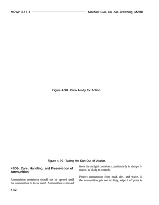 4806. Care, Handling, and Preservation of
Ammunition
Ammunition containers should not be opened until
the ammunition is to be used. Ammunition removed
from the airtight containers, particularly in damp cli-
mates, is likely to corrode.
Protect ammunition from mud, dirt, and water. If
the ammunition gets wet or dirty, wipe it off prior to
MCWP 3-15.1 Machine Gun, Cal .50, Browning, M2HB
4-62
Figure 4-98. Crew Ready for Action.
Figure 4-99. Taking the Gun Out of Action.
 