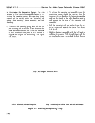 b. Removing the Operating Group. Once the
weapon is clear, general disassembly begins by re-
moving the operating group. The operating group
consists of the spring guide rod, operating rod
spring, slide assembly, piston assembly, and bolt
assembly.
To remove the operating group, first pull the up-
per retaining pin at the rear of the receiver that
holds the buttstock to the left. Allow the buttstock
to pivot downward and place it on a surface to
support the weapon for disassembly. See figure
2-6, step 1.
To release the operating rod assembly from the
positioning grooves inside the receiver, hold the
weapon with one hand on the buttstock assembly
and use the thumb of the other hand to push in
and upward on the rear of the operating rod
assembly.
Pull the operating rod and spring from the re-
ceiver group and separate the parts. See figure
2-6, step 2.
Hold the buttstock assembly with the left hand to
stabilize the weapon. With the right hand, pull the
cocking handle to the rear to lock the bolt. Return
MCWP 3-15.1 Machine Gun, Light, Squad Automatic Weapon, M249
2-12
Step 1. Rotating the Buttstock Down.
Step 2. Removing the Operating Rod. Step 3. Removing the Piston, Slide, and Bolt Assemblies.
Figure 2-6. Removing the Operating Group.
 