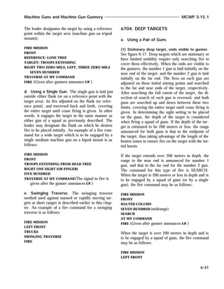 The leader designates the target by using a reference
point within the target area (machine gun on tripod
mounts):
FIRE MISSION
FRONT
REFERENCE: LONE TREE
TARGET: TROOPS EXTENDING
RIGHT TWO ZERO MILS; LEFT, THREE ZERO MILS
SEVEN HUNDRED
TRAVERSE AT MY COMMAND
FIRE (Given after gunners announce UP.)
d. Using a Single Gun. The single gun is laid just
outside either flank (or on a reference point with the
target area), its fire adjusted on the flank (or refer-
ence point), and traversed back and forth, covering
the entire target until cease firing is given. In other
words, it engages the target in the same manner as
either gun of a squad as previously described. The
leader may designate the flank on which he desires
fire to be placed initially. An example of a fire com-
mand for a wide target which is to be engaged by a
single medium machine gun on a bipod mount is as
follows:
FIRE MISSION
FRONT
TROOPS EXTENDING FROM DEAD TREE
RIGHT ONE SIGHT (OR FINGER)
FIVE HUNDRED
TRAVERSE AT MY COMMAND(The signal to fire is
given after the gunner announces UP.)
e. Swinging Traverse. The swinging traverse
method used against massed or rapidly moving tar-
gets at short ranges is described earlier in this chap-
ter. An example of a fire command for a swinging
traverse is as follows:
FIRE MISSION
LEFT FRONT
TRUCKS
SWINGING TRAVERSE
FIRE
6704. DEEP TARGETS
a. Using a Pair of Guns
(1) Stationary deep target, ends visible to gunner.
See figure 6-17. Deep targets which are stationary or
have limited mobility require only searching fire to
cover them effectively. When the ends are visible to
the gunners, the number 1 gun is laid initially on the
near end of the target; and the number 2 gun is laid
initially on the far end. The fires on each gun are
adjusted on these initial aiming points and searched
to the far and near ends of the target, respectively.
After searching the full extent of the target, the di-
rection of search of each gun is reversed, and both
guns are searched up and down between these two
limits, covering the entire target until cease firing is
given. In determining the sight setting to be placed
on the guns, the depth of the target is considered
when firing a squad of guns. If the depth of the tar-
get is estimated to be 200 meters or less, the range
announced for both guns is that to the midpoint of
the target, thus taking advantage of the length of the
beaten zones to ensure fire on the target with the ini-
tial bursts.
If the target extends over 200 meters in depth, the
range to the near end is announced for number 1
gun, and that to the far end for the number 2 gun.
The command for this type of fire is SEARCH.
When the target is 200 meters or less in depth and is
to be engaged by a squad of guns (or by a single
gun), the fire command may be as follows:
FIRE MISSION
FRONT
HALTED COLUMN
SEVEN HUNDRED(midrange)
SEARCH
AT MY COMMAND
FIRE (Given after gunner announces UP.)
When the target is over 200 meters in depth and is
to be engaged by a squad of guns, the fire command
may be as follows:
FIRE MISSION
LEFT FRONT
Machine Guns and Machine Gun Gunnery MCWP 3-15.1
6-31
 