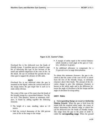 Overhead fire is fire delivered over the heads of
friendly troops. A machine gun on a tripod is capa-
ble of delivering this type of fire because of the
small and uniform dispersion of the cone of fire. In
the attack, the use of overhead fire permits the ma-
chine gun to support the advance of rifle units.
NOTE
Overhead fire is not delivered when the gun is
mounted on the bipod, unless the vertical interval of
the troops below the gun target line is such as to
make safety obvious.
The center of the cone of fire must clear the heads of
the friendly troops by a prescribed distance. See fig-
ure 6-22. This distance, known as minimum clear-
ance, is found by adding together the following
elements:
The height of a man, standing, taken as 1.8
meters.
Half the vertical dimension of the 100 percent
cone of fire at the range to the troops.
A margin of safety equal to the vertical distance
which extends a 5-mil angle at the gun or 3 me-
ters, whichever is greater.
An additional allowance to compensate for a
15-percent error in range determination.
To obtain this minimum clearance, the gun is ele-
vated so that the center of the cone of fire is raised
from the feet of the friendly troops, to minimum
clearance above their heads. The amount of the ele-
vation change to give this minimum clearance is
known as the safety angle and is the difference be-
tween the angle of elevation to hit the troops and the
angle of elevation for troop safety.
6801. Rules
a. Corresponding Range on Level or Uniformly
Sloping Ground. When the gun is fired from the
tripod with the required safety angle, the center of
impact determines the shortest range at which fire
can be delivered over the heads of friendly troops.
The range from the gun to the point of strike is
called the corresponding range. When the ground
Machine Guns and Machine Gun Gunnery MCWP 3-15.1
6-39
Figure 6-25. Gunner's Rule.
 