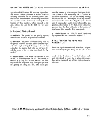 approximately 600 meters. He notes the sign and the
first number whose graduation is visible above the
elevating handwheel on the elevating screw scale,
then obtains the number on the elevating micrometer
dial toward which the indicator is pointing. A com-
bination of these numbers, when replaced on the
gun, allows the gun to be laid for the same
elevation.
b. Irregularly Sloping Ground
(1) Direction. The gunner lays the gun by sighting
in the desired direction, as previously described.
(2) Elevation. The gunner selects an aiming point on
the ground and near the break in the uniform slope,
and with a sight setting of the range to the selected
point, lays the gun on that point and elevates it 2
mils by means of the elevating handwheel. See fig-
ure 6-37.
c. Dead Space. Dead space, as discussed in this
section, is that portion of the FPL that cannot be
covered by grazing fire. Streams, ravines, and small
depressions in the ground may allow passage under
the grazing fire along the FPL. This dead space
must be covered by other weapons (see figure 6-38).
The location of dead space along the FPL should be
accurately determined. This can be done by walking
the trace of the FPL. Dead space exists any time the
center mass of a man’s chest drops below the line of
aim. If personnel are unable to move beyond the gun
position, observation of fire both from behind the
gun and from the flank will assist in the location of
dead space. (See appendix G for more detail.)
d. Laying in the FPL. Specific details concerning
laying in an FPL are contained in appendix G.
61003. Rates of Fire on the Final
Protective Line
When the signal to fire the FPL is received, the gun-
ner immediately begins firing on the FPL at the
rapid rate for 2 minutes. From the 2-minute mark
until the signal to cease fire is given, the gunner
fires at the sustained rate of fire, unless otherwise
directed.
Machine Guns and Machine Gun Gunnery MCWP 3-15.1
6-53
Figure 6-41. Minimum and Maximum Position Defilade, Partial Defilade, and Direct Lay Areas.
 