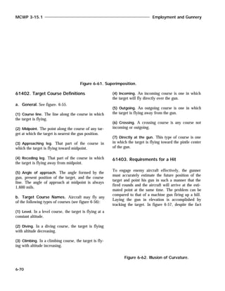 61402. Target Course Definitions
a. General. See figure. 6-55.
(1) Course line. The line along the course in which
the target is flying.
(2) Midpoint. The point along the course of any tar-
get at which the target is nearest the gun position.
(3) Approaching leg. That part of the course in
which the target is flying toward midpoint.
(4) Receding leg. That part of the course in which
the target is flying away from midpoint.
(5) Angle of approach. The angle formed by the
gun, present position of the target, and the course
line. The angle of approach at midpoint is always
1,600 mils.
b. Target Course Names. Aircraft may fly any
of the following types of courses (see figure 6-56):
(1) Level. In a level course, the target is flying at a
constant altitude.
(2) Diving. In a diving course, the target is flying
with altitude decreasing.
(3) Climbing. In a climbing course, the target is fly-
ing with altitude increasing.
(4) Incoming. An incoming course is one in which
the target will fly directly over the gun.
(5) Outgoing. An outgoing course is one in which
the target is flying away from the gun.
(6) Crossing. A crossing course is any course not
incoming or outgoing.
(7) Directly at the gun. This type of course is one
in which the target is flying toward the pintle center
of the gun.
61403. Requirements for a Hit
To engage enemy aircraft effectively, the gunner
must accurately estimate the future position of the
target and point his gun in such a manner that the
fired rounds and the aircraft will arrive at the esti-
mated point at the same time. The problem can be
compared to that of a machine gun firing up a hill.
Laying the gun in elevation is accomplished by
tracking the target. In figure 6-57, despite the fact
MCWP 3-15.1 Employment and Gunnery
6-70
Figure 6-61. Superimposition.
Figure 6-62. Illusion of Curvature.
 