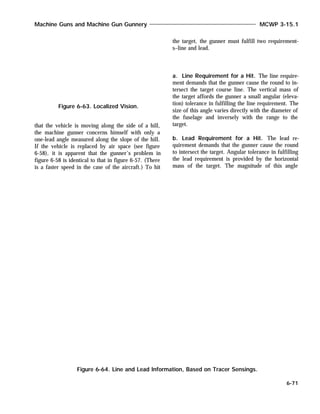 that the vehicle is moving along the side of a hill,
the machine gunner concerns himself with only a
one-lead angle measured along the slope of the hill.
If the vehicle is replaced by air space (see figure
6-58), it is apparent that the gunner’s problem in
figure 6-58 is identical to that in figure 6-57. (There
is a faster speed in the case of the aircraft.) To hit
the target, the gunner must fulfill two requirement-
s–line and lead.
a. Line Requirement for a Hit. The line require-
ment demands that the gunner cause the round to in-
tersect the target course line. The vertical mass of
the target affords the gunner a small angular (eleva-
tion) tolerance in fulfilling the line requirement. The
size of this angle varies directly with the diameter of
the fuselage and inversely with the range to the
target.
b. Lead Requirement for a Hit. The lead re-
quirement demands that the gunner cause the round
to intersect the target. Angular tolerance in fulfilling
the lead requirement is provided by the horizontal
mass of the target. The magnitude of this angle
Machine Guns and Machine Gun Gunnery MCWP 3-15.1
6-71
Figure 6-63. Localized Vision.
Figure 6-64. Line and Lead Information, Based on Tracer Sensings.
 