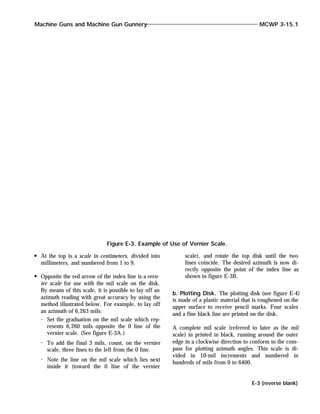 At the top is a scale in centimeters, divided into
millimeters, and numbered from 1 to 9.
Opposite the red arrow of the index line is a vern-
ier scale for use with the mil scale on the disk.
By means of this scale, it is possible to lay off an
azimuth reading with great accuracy by using the
method illustrated below. For example, to lay off
an azimuth of 6,263 mils:
Set the graduation on the mil scale which rep-
resents 6,260 mils opposite the 0 line of the
vernier scale. (See figure E-3A.)
To add the final 3 mils, count, on the vernier
scale, three lines to the left from the 0 line.
Note the line on the mil scale which lies next
inside it (toward the 0 line of the vernier
scale), and rotate the top disk until the two
lines coincide. The desired azimuth is now di-
rectly opposite the point of the index line as
shown in figure E-3B.
b. Plotting Disk. The plotting disk (see figure E-4)
is made of a plastic material that is roughened on the
upper surface to receive pencil marks. Four scales
and a fine black line are printed on the disk.
A complete mil scale (referred to later as the mil
scale) in printed in black, running around the outer
edge in a clockwise direction to conform to the com-
pass for plotting azimuth angles. This scale is di-
vided in 10-mil increments and numbered in
hundreds of mils from 0 to 6400.
Machine Guns and Machine Gun Gunnery MCWP 3-15.1
E-3 (reverse blank)
Figure E-3. Example of Use of Vernier Scale.
 