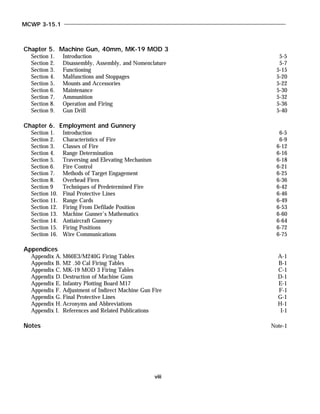 Chapter 5. Machine Gun, 40mm, MK-19 MOD 3
Section 1. Introduction 5-5
Section 2. Disassembly, Assembly, and Nomenclature 5-7
Section 3. Functioning 5-15
Section 4. Malfunctions and Stoppages 5-20
Section 5. Mounts and Accessories 5-22
Section 6. Maintenance 5-30
Section 7. Ammunition 5-32
Section 8. Operation and Firing 5-36
Section 9. Gun Drill 5-40
Chapter 6. Employment and Gunnery
Section 1. Introduction 6-5
Section 2. Characteristics of Fire 6-9
Section 3. Classes of Fire 6-12
Section 4. Range Determination 6-16
Section 5. Traversing and Elevating Mechanism 6-18
Section 6. Fire Control 6-21
Section 7. Methods of Target Engagement 6-25
Section 8. Overhead Fires 6-36
Section 9 Techniques of Predetermined Fire 6-42
Section 10. Final Protective Lines 6-46
Section 11. Range Cards 6-49
Section 12. Firing From Defilade Position 6-53
Section 13. Machine Gunner's Mathematics 6-60
Section 14. Antiaircraft Gunnery 6-64
Section 15. Firing Positions 6-72
Section 16. Wire Communications 6-75
Appendices
Appendix A. M60E3/M240G Firing Tables A-1
Appendix B. M2 .50 Cal Firing Tables B-1
Appendix C. MK-19 MOD 3 Firing Tables C-1
Appendix D.Destruction of Machine Guns D-1
Appendix E. Infantry Plotting Board M17 E-1
Appendix F. Adjustment of Indirect Machine Gun Fire F-1
Appendix G. Final Protective Lines G-1
Appendix H.Acronyms and Abbreviations H-1
Appendix I. References and Related Publications I-1
Notes Note-1
MCWP 3-15.1
viii
 