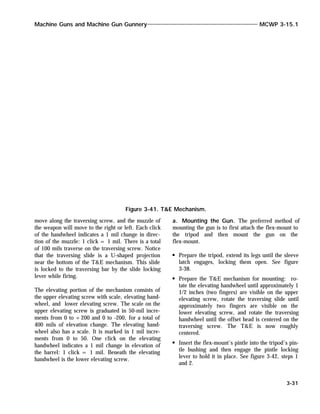 move along the traversing screw, and the muzzle of
the weapon will move to the right or left. Each click
of the handwheel indicates a 1 mil change in direc-
tion of the muzzle: 1 click = 1 mil. There is a total
of 100 mils traverse on the traversing screw. Notice
that the traversing slide is a U-shaped projection
near the bottom of the T&E mechanism. This slide
is locked to the traversing bar by the slide locking
lever while firing.
The elevating portion of the mechanism consists of
the upper elevating screw with scale, elevating hand-
wheel, and lower elevating screw. The scale on the
upper elevating screw is graduated in 50-mil incre-
ments from 0 to +200 and 0 to -200, for a total of
400 mils of elevation change. The elevating hand-
wheel also has a scale. It is marked in 1 mil incre-
ments from 0 to 50. One click on the elevating
handwheel indicates a 1 mil change in elevation of
the barrel: 1 click = 1 mil. Beneath the elevating
handwheel is the lower elevating screw.
a. Mounting the Gun. The preferred method of
mounting the gun is to first attach the flex-mount to
the tripod and then mount the gun on the
flex-mount.
Prepare the tripod, extend its legs until the sleeve
latch engages, locking them open. See figure
3-38.
Prepare the T&E mechanism for mounting: ro-
tate the elevating handwheel until approximately 1
1/2 inches (two fingers) are visible on the upper
elevating screw, rotate the traversing slide until
approximately two fingers are visible on the
lower elevating screw, and rotate the traversing
handwheel until the offset head is centered on the
traversing screw. The T&E is now roughly
centered.
Insert the flex-mount’s pintle into the tripod’s pin-
tle bushing and then engage the pintle locking
lever to hold it in place. See figure 3-42, steps 1
and 2.
Machine Guns and Machine Gun Gunnery MCWP 3-15.1
3-31
Figure 3-41. T&E Mechanism.
 