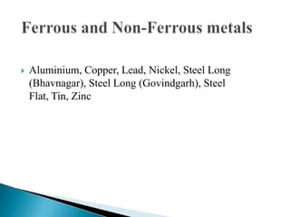  Aluminium, Copper, Lead, Nickel, Steel Long
(Bhavnagar), Steel Long (Govindgarh), Steel
Flat, Tin, Zinc
 