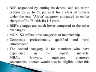  NSE responded by cutting its deposit and net worth
criteria by up to 50 per cent for a class of brokers
under the new „Alpha‟ category, compared to earlier
charges of Rs 75 lakh-Rs 1.5 crore.
 BSE‟s charges are much lower compared to the other
exchanges.
 MCX- SX offers three categories of membership —
 Composite professionally qualified and rural
entrepreneur.
 The second category is for members who have
experience in the capital markets.
MBAs, lawyers, engineers, chartered
accountants, doctors would also be eligible under this
category
 
