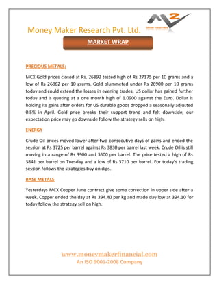Money Maker Research Pvt. Ltd.
www.moneymakerfinancial.com
An ISO 9001-2008 Company
PRECIOUS METALS:
MCX Gold prices closed at Rs. 26892 tested high of Rs 27175 per 10 grams and a
low of Rs 26862 per 10 grams. Gold plummeted under Rs 26900 per 10 grams
today and could extend the losses in evening trades. US dollar has gained further
today and is quoting at a one month high of 1.0900 against the Euro. Dollar is
holding its gains after orders for US durable goods dropped a seasonally adjusted
0.5% in April. Gold price breaks their support trend and felt downside; our
expectation price may go downside follow the strategy sells on high.
ENERGY
Crude Oil prices moved lower after two consecutive days of gains and ended the
session at Rs 3725 per barrel against Rs 3830 per barrel last week. Crude Oil is still
moving in a range of Rs 3900 and 3600 per barrel. The price tested a high of Rs
3841 per barrel on Tuesday and a low of Rs 3710 per barrel. For today’s trading
session follows the strategies buy on dips.
BASE METALS
Yesterdays MCX Copper June contract give some correction in upper side after a
week. Copper ended the day at Rs 394.40 per kg and made day low at 394.10 for
today follow the strategy sell on high.
MARKET WRAP
 