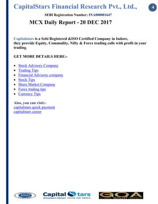 CapitalStars Financial Research Pvt., Ltd., 4
SEBI Registration Number: INA000001647
MCX Daily Report - 20 DEC 2017
2
Capitalstars is a Sebi Registered &ISO Certified Company in Indore,
they provide Equity, Commodity, Nifty & Forex trading calls with profit in your
trading.
GET MORE DETAILS HERE:-
∑ Stock Advisory Company
∑ Trading Tips
∑ Financial Advisory company
∑ Stock Tips
∑ Share Market Company
∑ Forex trading tips
∑ Currency Tips
Also, you can visit:-
capitalstars quick payment
capitalstars career
 