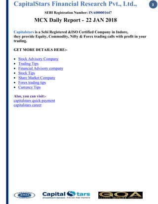 CapitalStars Financial Research Pvt., Ltd., 3
SEBI Registration Number: INA000001647
MCX Daily Report - 22 JAN 2018
Capitalstars is a Sebi Registered &ISO Certified Company in Indore,
they provide Equity, Commodity, Nifty & Forex trading calls with profit in your
trading.
GET MORE DETAILS HERE:-
∑ Stock Advisory Company
∑ Trading Tips
∑ Financial Advisory company
∑ Stock Tips
∑ Share Market Company
∑ Forex trading tips
∑ Currency Tips
Also, you can visit:-
capitalstars quick payment
capitalstars career
 