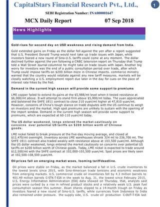 CapitalStars Financial Research Pvt., Ltd., 1
SEBI Registration Number: INA000001647
MCX Daily Report 07 Sep 2018
News Highlights
Gold rises for second day on USD w eakness and rising demand from India.
Gold extended gains on Friday as the dollar fell against the yen after a report suggested
that U.S. President Donald Trump would next take up trade issues with Japan, while
investors feared a new round of Sino-U.S. tariffs could come at any moment. The dollar
declined further against the yen following a CNBC television report on Thursday that Trump
told a Wall Street Journal columnist he might take on trade issues with Japan. Another big
worry for investors was the end of a public consultation period over trade, after which
Trump could impose tariffs on $200 billion more in Chinese imports. commerce ministry
warned that the country would retaliate against any new tariff measures. markets will be
closely watching a U.S. employment report due later in the day for cues on the pace of
interest rate hikes by the Fed.
Demand in the current high season will provide some support to premiums
LME copper failed to extend its gains at the $5,988/mt level when it tested resistance at
$6,000/mt above. It will attempt to stand firm above $5,900/mt today. The yuan appreciated
and bolstered the SHFE 1811 contract to close 210 yuan/mt higher at 47,810 yuan/mt.
However, concerns of China’s tough stance on trade disputes with the US continue to weigh
on investors and the market. High spot premiums are unlikely to sustain with the opening of
the import window. Demand in the current high season will provide some support to
premiums, which are expected at 60-110 yuan/mt today.
The US dollar weakened, longs entered the market cautiously on
concerns over potential US tariffs on $200 billion worth of Chinese
goods.
LME nickel failed to break pressure at the five-day moving average, and closed at
$12,470/mt overnight. Inventory across LME warehouses shrank 324 mt to 236,706 mt. The
SHFE 1811 contract also traded weakly with resistance above at 103,500 yuan/mt. Although
the US dollar weakened, longs entered the market cautiously on concerns over potential US
tariffs on $200 billion worth of Chinese goods. Today, LME nickel is expected to trade around
$12,500/mt with the SHFE contract at 102,000-103,500 yuan/mt. Spot prices are likely seen
at 102,500-108,500 yuan/mt.
Oil prices fall on emerging market woes, looming tariff deadline.
Oil prices were stable on Friday, as the market balanced a fall in U.S. crude inventories to
the lowest levels since 2015, with Sino-American trade tensions and economic weakness
from emerging markets. U.S. commercial crude oil inventories fell by 4.3 million barrels to
401.49 million barrels C-STK-T-EIA in the week to Aug. 31, the lowest since February 2015,
U.S. Energy Information Administration (EIA) data showed on Thursday. that, analysts said
prices were curbed by a rise in refined product stocks and a relatively weak U.S. peak fuel
consumption season this summer. Asian shares slipped to a 14-month trough on Friday as
investors feared a new round of Sino-U.S. tariffs, while currencies from Indonesia to India
also remained under pressure. the supply side, U.S. crude oil production C-OUT-T-EIA last
 