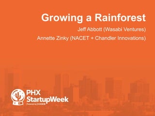 Growing a Rainforest
Jeff Abbott (Wasabi Ventures)
Annette Zinky (NACET + Chandler Innovations)
 