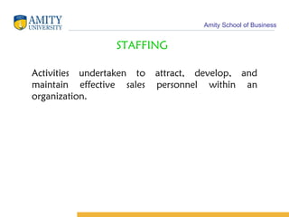 STAFFING Activities undertaken to attract, develop, and maintain effective sales personnel within an organization. 