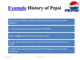 Example History of Pepsi

      Pepsi was formulated in 1893 in North Carolina by Pharmacist Caleb
      Bradham.

      By 1910 Pepsi had built a network of 270 bottlers.


      Pepsi struggled and declared bankruptcy twice

      During Great Depression grew in popularity due to price decrease to a
      nickel.

      In 1938, Coke sued Pepsi-Cola brand for infringement on Coca-Cola’s
      trademark.

11/14/2012                           Md Noor Alam                             3
 