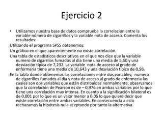 Ejercicio 2
• Utilizamos nuestra base de datos comprueba la correlación entre la
variable número de cigarrillos y la variable nota de acceso. Comenta los
resultados:
Utilizando el programa SPSS obtenemos:
Un gráfico en el que aparentemente no existe correlación.
Una tabla de estadísticos descriptivos en el que nos dice que la variable
numero de cigarrilos fumados al dia tiene una media de 5,50 y una
desviación típica de 7,232. La variable nota de acceso al grado de
enfermería tiene una media de 10,643 y una desviación típica de 0,98.
En la tabla donde obtenemos las correlaciones entre dos variables; numero
de cigarrillos fumados al dia y nota de acceso al grado de enfermeria las
cuales son dos variables que están distribuidas normalmente, observamos
que la correlación de Pearson es de – 0,976 en ambas variables por lo que
tiene una correlación muy intensa. En cuanto a la significación bilateral es
de 0,001 por lo que es un valor menor a 0,05 lo que quiere decir que
existe correlación entre ambas variables. En consecuencia a esto
rechazamos la hipótesis nula aceptando por tanto la alternativa.
 
