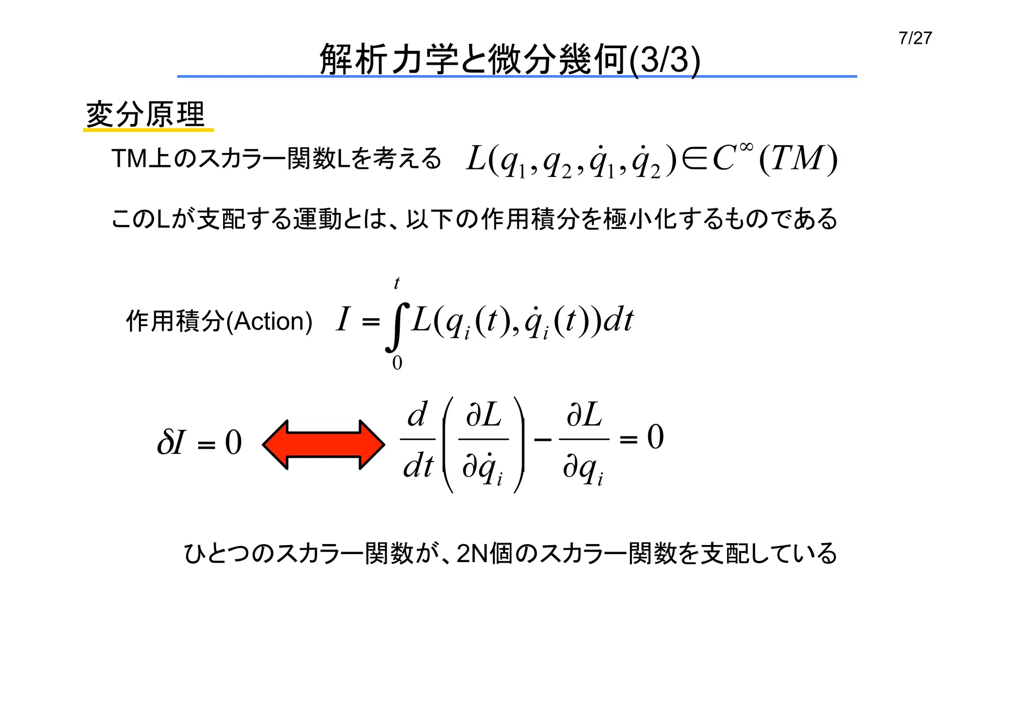 7/27
変分原理	
TM上のスカラー関数Lを考える
このLが支配する運動とは、以下の作用積分を極小化するものである	
作用積分(Action)	
ひとつのスカラー関数が、2N個のスカラー関数を支配している	
解析力学と微分幾何(3/3)
 