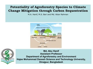 Potentiality of Agroforestry Species to Climate
Change Mitigation through Carbon Sequestration
M.A. Hanif, M.S. Bari and Md. Abiar Rahman
Md. Abu Hanif
Assistant Professor
Department of Agroforestry and Environment
Hajee Mohammad Danesh Science and Technology University,
Dinajpur, Bangladesh
 