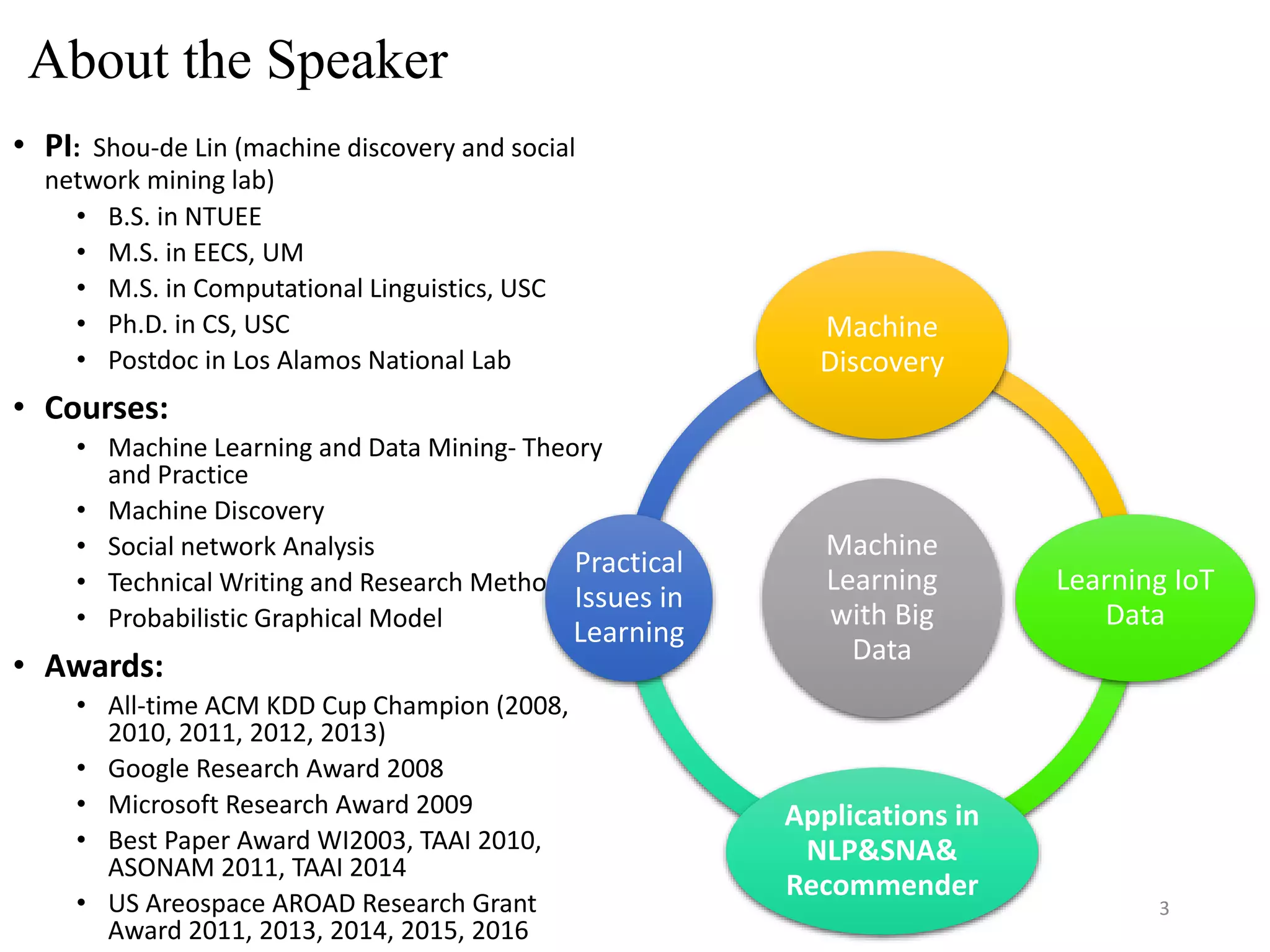 About the Speaker
• PI: Shou-de Lin (machine discovery and social
network mining lab)
• B.S. in NTUEE
• M.S. in EECS, UM
• M.S. in Computational Linguistics, USC
• Ph.D. in CS, USC
• Postdoc in Los Alamos National Lab
• Courses:
• Machine Learning and Data Mining- Theory
and Practice
• Machine Discovery
• Social network Analysis
• Technical Writing and Research Method
• Probabilistic Graphical Model
• Awards:
• All-time ACM KDD Cup Champion (2008,
2010, 2011, 2012, 2013)
• Google Research Award 2008
• Microsoft Research Award 2009
• Best Paper Award WI2003, TAAI 2010,
ASONAM 2011, TAAI 2014
• US Areospace AROAD Research Grant
Award 2011, 2013, 2014, 2015, 2016
Machine
Learning
with Big
Data
Machine
Discovery
Learning IoT
Data
Applications in
NLP&SNA&
Recommender
Practical
Issues in
Learning
3
 
