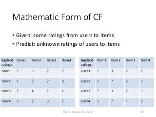 Mathematic Form of CF
Explicit
ratings
Item1 Item2 Item3 Item4
User1 ? 3 ? ?
User2 1 ? ? 5
User3 ? 4 ? 2
User4 3 ? 3 ?
• Given: some ratings from users to items
• Predict: unknown ratings of users to items
Implicit
ratings
Item1 Item2 Item3 Item4
User1 ? 1 ? ?
User2 1 ? ? 1
User3 ? 1 ? 1
User4 1 ? 1 ?
30TAAI 16 Tutorial, Shou-de Lin
 