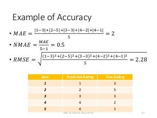 Example of Accuracy
• 𝑀𝐴𝐸 =
1−3 + 2−5 + 3−3 + 4−2 + 4−1
5
= 2
• 𝑁𝑀𝐴𝐸 =
𝑀𝐴𝐸
5−1
= 0.5
• 𝑅𝑀𝑆𝐸 =
1−3 2+ 2−5 2+ 3−3 2+ 4−2 2+ 4−1 2
5
= 2.28
Item Predicted Rating True Rating
1 1 3
2 2 5
3 3 3
4 4 2
5 4 1
67TAAI 16 Tutorial, Shou-de Lin
 