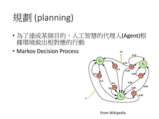 規劃 (planning)
• 為了達成某個目的，人工智慧的代理人(Agent)根
據環境做出相對應的行動
• Markov Decision Process
From Wikipedia
 