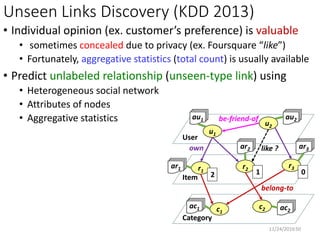 𝑹1
Target Rating Matrix
♫ ♫ ♫
Matching Users and Items for Transfer
Learning in Collaborative Filtering (KDD2014)
2013/7/30 50
 Assumptions:
 Two rating matrices
 Modeling the same kind of preference
 Certain portion of overlap in users and items
 E.g. Using Blockbuster’s record to enhance the performance of a
NetFlix System
 Obstacle: the anonymity of users and items
𝑹2
An Available Rating Dataset
♫♫♫
 