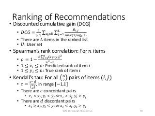Ranking of Recommendations
• Discounted cumulative gain (DCG)
• 𝐷𝐶𝐺 =
1
|𝑈| 𝑢 𝑖∈𝑈 𝑗=1
𝐿 𝑅 𝑖,𝑗
max{1,log2 𝑗}
• There are 𝐿 ...
