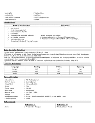 Looking For : Top Level Job
Available For : Full Time
Preferred Job Category : HR/Org. Development
Preferred District : Dhaka
Specialization:
Fields of Specialization Description
• Recruitment
• Performance appraisal
• Compensation & Benefits
• Compliance
• Job Analysis & Manpower Planning
• HR Policy & Procedure
• Succession Planning
• Conducting Induction & Training Program
i. Fluent in English and Bengali
ii. Hands on experience in Microsoft Office packages
iii. Practical knowledge in Payroll & HR software packages.
Extra Curricular Activities:
a) Took part in International Youth Conference (2014), Sri Lanka
b) Worked as a Treasurer of LEO Club of Dhaka Haven Souls under the umbrella of City Jahangirnagar Lions Club, Bangladesh,
District-315, B-2 Lions Clubs International, 2010-2011
c) Active Life Long Blood Donor of Quantum Foundation-Bangladesh, for long time and arranging relief work in time of disaster
was some part of my involvement (Since 2009).
d) Worked with the teachers for the students as a Student Representative at Southeast University, 2008-2010.
Language Proficiency:
Language Reading Writing Speaking
Bengali High High High
English High High High
Hindi Low Low Medium
Personal Details :
Father's Name : Md. Mustafa Zaman
Mother's Name : Nasima Zaman
Date of Birth : February 5, 1986
Gender : Male
Marital Status : Married
Nationality : Bangladeshi
National Id No. : 2693016113998
Religion : Islam
Permanent Address : 497/3/2, North Ibrahimpur, Mirpur-14, -1206, Kafrul, Dhaka
Current Location : Dhaka
Reference (s):
Reference: 01 Reference: 02
Name : Mr. Jayantha Ranapura Mahabub Hasan Masud
 