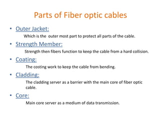 Parts of Fiber optic cables
• Outer Jacket:
Which is the outer most part to protect all parts of the cable.
• Strength Member:
Strength then fibers function to keep the cable from a hard collision.
• Coating:
The costing work to keep the cable from bending.
• Cladding:
The cladding server as a barrier with the main core of fiber optic
cable.
• Core:
Main core server as a medium of data transmission.
 