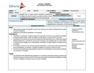 ESCUELA PRIMARIA
CICLO ESCOLAR XXXX-XXXX
GRADO: 2° DIA: MARTES NO. ALUMNOS: MATERIA: FormaciónCívica
FECHA: Semana 6 APRENDE EN CASA II
ENFASIS
Identifica que su grupo escolar, vecindario, comunidad y
amistades son redes de apoyo, que deben contribuir a cuidar
su integridad física y emocional, y la de otras personas
TIEMPO ASIGNADO EN EL
PROGRAMAAPRENDEEN CASA II: 30 min
NOMBRE DEL PROGRAMA APRENDIZAJE ESPERADO:
Las redes que me cuidan. Valora la importancia de pertenecer a una familia, un grupo escolar,
vecindario, comunidad y tener amistades que contribuyen a cuidar su
integridad física y emocional, y la de otras personas.
SECUENCIA DIDACTICA RECURSOS
INICIO:
 Observarán el programa de aprende en casa II “Las redes que me cuidan” en la televisión de acuerdo
al horario establecido.
 Realizarán las actividades planteadas en el programa.
DESARROLLO
 Comentarán y escribirán si en alguna ocasión en la que hayan convivido con sus vecinos, por ejemplo,
en alguna posada o fiesta, ¿cómo se sintieron? ¿te llevas bien con tus vecinos? ¿por qué?
 Escucharán en un audio de voz que se les enviaráque las diferentes familias y por consecuenciatienen
diferentes tradiciones y costumbres, pero las unen el espacio que comparten para vivir, ahora realiza
un dibujo donde se retraten en un momento feliz conviviendo con algún miembro o miembros de su
comunidad.
 El compartir y convivir con tus vecinos ayuda al bienestar físico y emocional escribe tres situaciones
que lo ejemplifiquen, por ejemplo: compartir una paleta con tu amigo el cual es tú vecino.
 A partir de las experiencias propias escribiránunejemplo endondeamigoso vecinoshayancontribuido
a su protección o bienestar.
CIERRE
 Las actividades antes realizadas las guardarán en su carpeta de experiencias siempre guardando una
organizaciónparasu posteriorrevisión.Endado caso quecuentencondispositivos digitales lo enviarán
vía correo, WhatsApp o classroom para su revisión inmediata.
- Hojaspara carpetade
experiencias.
- Carpetade experiencias.
- Televisión
- Programaaprendeencasa
II.
- Actividades delprograma.
- Classroom.
- WhatsApp.
- Correoelectrónico
 