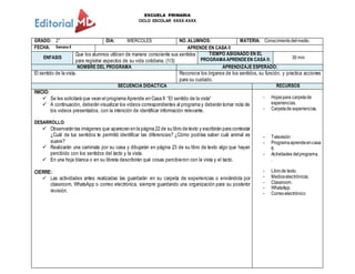 ESCUELA PRIMARIA
CICLO ESCOLAR XXXX-XXXX
GRADO: 2° DIA: MIERCOLES NO. ALUMNOS: MATERIA: Conocimientodelmedio.
FECHA: Semana 6 APRENDE EN CASA II
ENFASIS
Que los alumnos utilicen de manera consciente sus sentidos
para registrar aspectos de su vida cotidiana. (1/3)
TIEMPO ASIGNADO EN EL
PROGRAMAAPRENDEEN CASA II: 30 min
NOMBRE DEL PROGRAMA APRENDIZAJE ESPERADO:
El sentido de la vista. Reconoce los órganos de los sentidos, su función, y practica acciones
para su cuidado.
SECUENCIA DIDACTICA RECURSOS
INICIO:
 Se les solicitará que vean el programa Aprende en Casa II: “El sentido de la vista”
 A continuación, deberán visualizar los videos correspondientes al programa y deberán tomar nota de
los videos presentados, con la intención de identificar información relevante.
DESARROLLO:
 Observarán las imágenes que aparecen en la página 22 de su libro de texto y escribirán para contestar
¿Cuál de tus sentidos te permitió identificar las diferencias? ¿Cómo podrías saber cuál animal es
suave?
 Realizarán una caminata por su casa y dibujarán en página 23 de su libro de texto algo que hayan
percibido con los sentidos del tacto y la vista.
 En una hoja blanca o en su libreta describirán qué cosas percibieron con la vista y el tacto.
CIERRE:
 Las actividades antes realizadas las guardarán en su carpeta de experiencias o enviándola por
classroom, WhatsApp o correo electrónica, siempre guardando una organización para su posterior
revisión.
- Hojaspara carpetade
experiencias.
- Carpetade experiencias.
- Televisión
- Programaaprendeencasa
II.
- Actividades delprograma.
.
- Librode texto.
- Medioselectrónicos.
- Classroom.
- WhatsApp.
- Correoelectrónico
 
