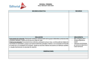 ESCUELA PRIMARIA
CICLO ESCOLAR XXXX-XXXX
SECUENCIA DIDACTICA RECURSOS
EVALUACION BIBLIOGRAFIA
Instrumentosde evaluación: Participación individual ycolectiva dentro de los grupos colaborativos, productos de las
actividades realizadas, cuaderno de los alumnos ylistas de cotejo.
Criteriosdeevaluación:Comprensióndeloscontenidos,participaciónactivaenclase,coordina patrones básicos de
movimiento en actividades y juegos que implican elementos perceptivo-motrices,con el propósito de fomentar
el control de síy la orientación en el espacio, ajusta sus acciones motrices de acuerdo con estímulos auditivos
o visuales favoreciendo la velocidad de reacción.
- Plan y Programa 2017
- ProgramaAprendeen
CasaII
- CalendariodeActividades
por semanadeAprendeen
CasaII semana6
OBSERVACIONES:
 