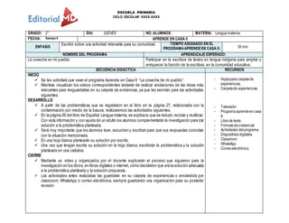 ESCUELA PRIMARIA
CICLO ESCOLAR XXXX-XXXX
GRADO: 2° DIA: JUEVES NO. ALUMNOS: MATERIA: Lenguamaterna.
FECHA: Semana 6 APRENDE EN CASA II
ENFASIS
Escribir sobre una actividad relevante para su comunidad. TIEMPO ASIGNADO EN EL
PROGRAMAAPRENDEEN CASA II: 30 min
NOMBRE DEL PROGRAMA APRENDIZAJE ESPERADO:
La cosecha en mi pueblo. Participar en la escritura de textos en lengua indígena para ampliar y
enriquecer la función de la escritura, en la comunidad educativa.
SECUENCIA DIDACTICA RECURSOS
INICIO
 Se les solicitará que vean el programa Aprende en Casa II: “La cosecha de mi pueblo”.
 Mientras visualizan los videos correspondientes deberán de realizar anotaciones de las ideas más
relevantes para resguardarlas en su carpeta de evidencias, ya que les servirán para las actividades
siguientes.
DESARROLLO
 A partir de las problemáticas que se registraron en el libro en la página 27, relacionada con la
contaminación por medio de la basura, realizaremos las actividades siguientes.
 En la página 29 del libro de Español. Lengua materna, se explica lo que es reducir, reciclar y reutilizar.
Con esta información y con ayuda de un adulto los alumnos complementarán la investigación para dar
solución a la problemática planteada.
 Será muy importante que los alumnos lean, escuchen y escriban para que sus respuestas coincidan
con la situación mencionada.
 En una hoja blanca plantearán su solución por escrito.
 Una vez que tengan escrita su solución en la hoja blanca, escribirán la problemática y la solución
planteada en una cartulina.
CIERRE
 Mediante un video y organizados por el docente explicarán el proceso que siguieron para la
investigación en los libros, en libros digitales o internet, cómo decidieron que era la solución adecuada
a la problemática planteada y la solución propuesta.
 Las actividades antes realizadas las guardarán en su carpeta de experiencias o enviándola por
classroom, WhatsApp o correo electrónica, siempre guardando una organización para su posterior
revisión
- Hojaspara carpetade
experiencias.
- Carpetade experiencias.
- Televisión
- Programaaprendeencasa
II.
- Librode texto.
- Formatodecredencial
- Actividades delprograma.
- Dispositivos digitales.
- Classroom.
- WhatsApp.
- Correoelectrónico.
 