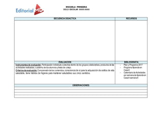 ESCUELA PRIMARIA
CICLO ESCOLAR XXXX-XXXX
SECUENCIA DIDACTICA RECURSOS
EVALUACION BIBLIOGRAFIA
Instrumentosde evaluación: Participación individual ycolectiva dentro de los grupos colaborativos, productos de las
actividades realizadas, cuaderno de los alumnos ylistas de cotejo.
Criteriosdeevaluación:Comprensióndelos contenidos,consciencia de sípara la adquisición de estilos de vida
saludable, tiene hábitos de higiene para mantener saludables sus cinco sentidos.
- Plan y Programa 2017
- ProgramaAprendeen
CasaII
- CalendariodeActividades
por semanadeAprendeen
CasaII semana6
OBSERVACIONES:
 