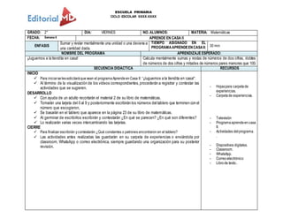 ESCUELA PRIMARIA
CICLO ESCOLAR XXXX-XXXX
GRADO: 2° DIA: VIERNES NO. ALUMNOS: MATERIA: Matemáticas
FECHA: Semana 6 APRENDE EN CASA II
ENFASIS
Sumar y restar mentalmente una unidad o una decena a
una cantidad dada.
TIEMPO ASIGNADO EN EL
PROGRAMAAPRENDEENCASAII: 30 min
NOMBRE DEL PROGRAMA APRENDIZAJE ESPERADO:
¡Juguemos a la tiendita en casa! Calcula mentalmente sumas y restas de números de dos cifras, dobles
de números de dos cifras y mitades de números pares menores que 100.
SECUENCIA DIDACTICA RECURSOS
INICIO
 Para iniciarse lessolicitaráquevean el programaAprendeenCasa II: “¡Juguemos a la tiendita en casa!”.
 Al término de la visualización de los videos correspondientes,procederán a registrar y contestar las
actividades que se sugieren.
DESARROLLO
 Con ayuda de un adulto recortarán el material 2 de su libro de matemáticas.
 Tomarán una tarjeta del 0 al 9 y posteriormente escribirán los números del tablero que terminen con el
número que escogieron,
 Se basarán en el tablero que aparece en la página 23 de su libro de matemáticas.
 Al germinar de escribirlos escribirán y contestarán ¿En qué se parecen? ¿En qué son diferentes?
 Lo realizarán varias veces intercambiando las tarjetas.
CIERRE
 Para finalizar escribirán ycontestarán ¿Qué constantes o patrones encontraron en el tablero?
 Las actividades antes realizadas las guardarán en su carpeta de experiencias o enviándola por
classroom, WhatsApp o correo electrónica, siempre guardando una organización para su posterior
revisión.
- Hojaspara carpetade
experiencias.
- Carpetade experiencias.
- Televisión
- Programaaprendeencasa
II.
- Actividades delprograma.
.
- Dispositivos digitales.
- Classroom.
- WhatsApp.
- Correoelectrónico
- Librode texto..
 