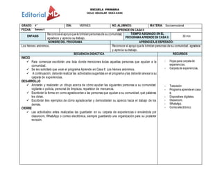 ESCUELA PRIMARIA
CICLO ESCOLAR XXXX-XXXX
GRADO: 4° DIA: VIERNES NO. ALUMNOS: MATERIA: Socioemocional
FECHA: Semana 6 APRENDE EN CASA II
ENFASIS
Reconoce elapoyoque le brindanpersonas de sucomunidad,
agradece y aprecia su trabajo.
TIEMPO ASIGNADO EN EL
PROGRAMAAPRENDEEN CASA II: 30 min
NOMBRE DEL PROGRAMA APRENDIZAJE ESPERADO:
Los héroes anónimos. Reconoce el apoyo que le brindan personas de su comunidad, agradece
y aprecia su trabajo.
SECUENCIA DIDACTICA RECURSOS
INICIO
 Para comenzar escribirán una lista donde menciones todas aquellas personas que ayudan a la
comunidad.
 Se les solicitará que vean el programa Aprende en Casa II: Los héroes anónimos.
 A continuación, deberán realizar las actividades sugeridas en el programa y las deberán anexar a su
carpeta de experiencias.
DESARROLLO
 Anotarán y realizarán un dibujo acerca de cómo ayudan las siguientes personas a su comunidad:
vigilante o policía, personal de limpieza, repartidor de mercancía.
 Escribirán la forma en como agradecerían a las personas que ayudan a su comunidad, qué palabras
les dirían.
 Escribirán tres ejemplos de cómo agradecerían y demostrarían su aprecio hacia el trabajo de los
demás.
CIERRE
 Las actividades antes realizadas las guardarán en su carpeta de experiencias o enviándola por
classroom, WhatsApp o correo electrónica, siempre guardando una organización para su posterior
revisión.
- Hojaspara carpetade
experiencias.
- Carpetade experiencias.
- Televisión
- Programaaprendeencasa
II.
- Dispositivos digitales.
- Classroom.
- WhatsApp.
- Correoelectrónico
 