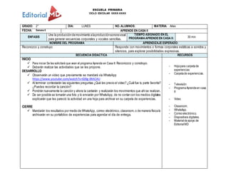 ESCUELA PRIMARIA
CICLO ESCOLAR XXXX-XXXX
GRADO: 2° DIA: LUNES NO. ALUMNOS: MATERIA: Artes
FECHA: Semana 6 APRENDE EN CASA II
ENFASIS
Une la produccióndemovimiento alaproducciónsonoravocal
para generar secuencias corporales y vocales sencillas.
TIEMPO ASIGNADO EN EL
PROGRAMAAPRENDEEN CASA II: 30 min
NOMBRE DEL PROGRAMA APRENDIZAJE ESPERADO:
Reconozco y construyo Responde con movimientos o formas corporales estáticas a sonidos y
silencios, para explorar posibilidades expresivas.
SECUENCIA DIDACTICA RECURSOS
INICIO
 Para iniciar Se les solicitará que vean el programa Aprende en Casa II: Reconozco y construyo.
 Deberán realizar las actividades que se les propone.
DESARROLLO
 Observarán un video que previamente se mandará vía WhatsApp
https://www.youtube.com/watch?v=020g-0hhCAU
 Al terminar contestarán las siguientes preguntas ¿Qué les precio el video? ¿Cuál fue tu parte favorita?
¿Puedes recordar la canción?
 Pondrán nuevamente la canción y ahora la cantarán y realizarán los movimientos que ahíse realizan.
 De ser posible se tomarán una foto y lo enviarán por WhatsApp, de no contar con los medios digitales
explicarán que les pareció la actividad en una hoja para archivar en su carpeta de experiencias.
CIERRE
 Mandarán los resultados por medio de WhatsApp, correo electrónico,classroom, o de manera física lo
archivarán en su portafolios de experiencias para agendar el día de entrega.
- Hojapara carpetade
experiencias
- Carpetade experiencias.
- Televisión
- ProgramaAprendeen casa
II
- Video
- Classroom.
- WhatsApp.
- Correoelectrónico.
- Dispositivos digitales.
- Materialdeapoyo de
EditorialMD
 