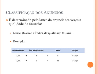 CLASSIFICAÇÃO DOS ANÚNCIOS
 É determinada pelo lance do anunciante vezes a
qualidade do anúncio:
 Lance Máximo x Índice de qualidade = Rank
 Exemplo:
Lance Máximo Índ. de Qualidade Rank Posição
3,00 X 3 = 9 2º Lugar
2,00 X 6 = 12 1º Lugar
 