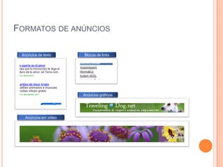 FORMATOS DE ANÚNCIOS
Anúncios gráficos
Blocos de linksAnúncios de texto
Anúncios em vídeo
 